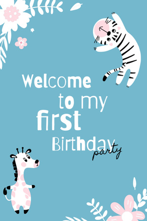 First Birthday Party Announcement with Cute Animals Invitation 6x9in Design Template