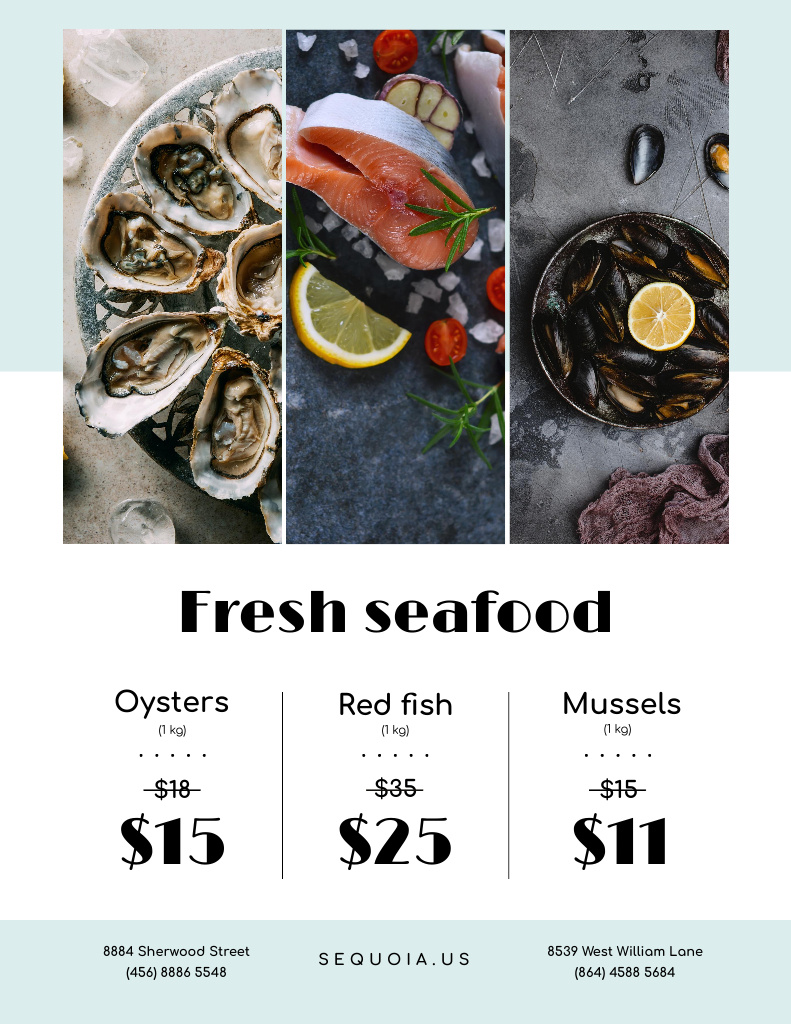 Seafood Offer with Fresh Salmon and Mollusks Poster 8.5x11in Design Template