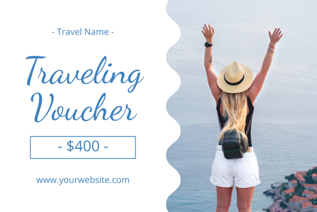 Traveling Voucher with Woman on Seaside Gift Certificate Design Template