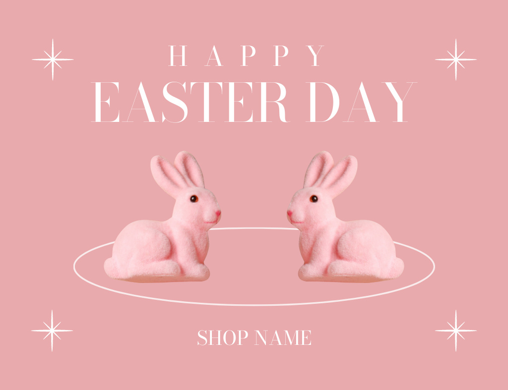 Modèle de visuel Happy Easter Day Greeting with Decorative Rabbits on Pink - Thank You Card 5.5x4in Horizontal