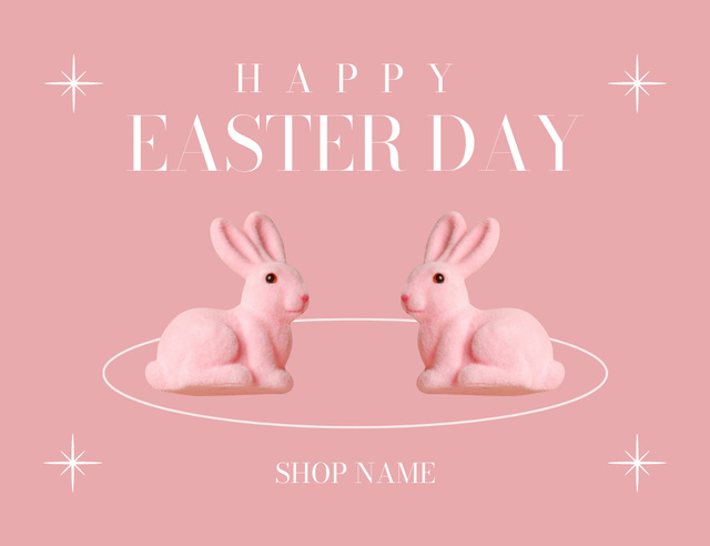 Happy Easter Day Greeting with Decorative Rabbits on Pink Thank You Card 5.5x4in Horizontal Design Template