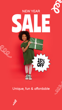 New Year Sale Ad with Little Girl holding Gift Instagram Story Design Template