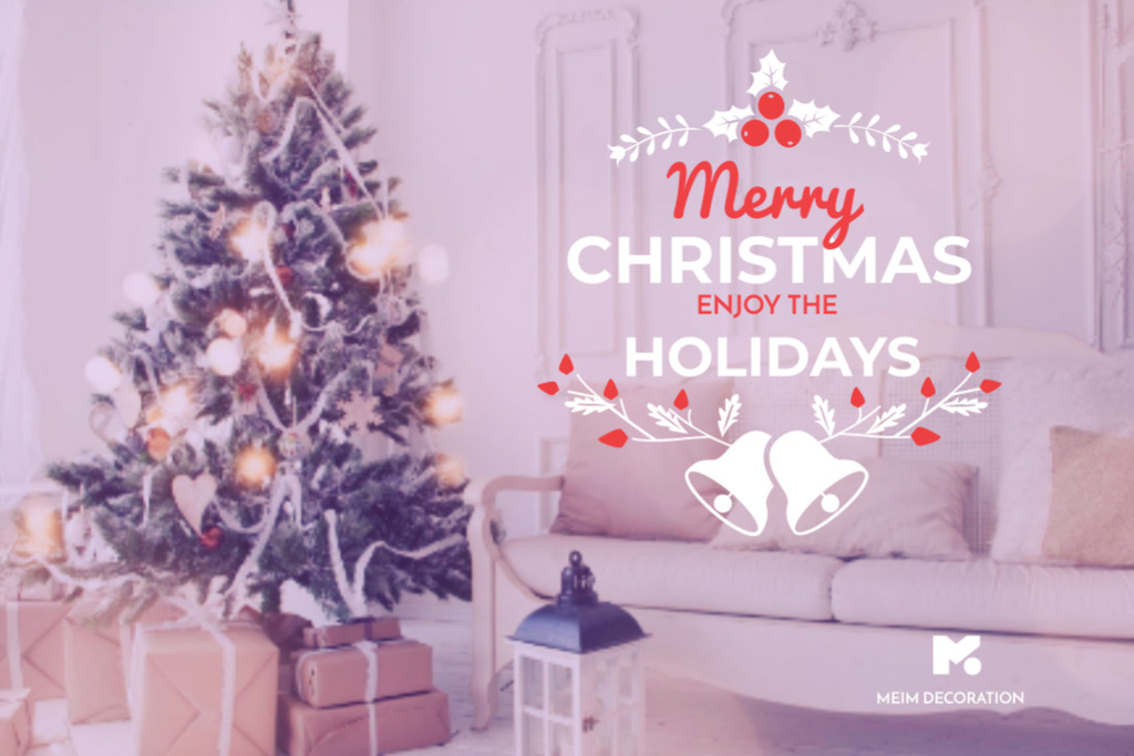 Christmas Greeting With Decorated Tree In Room Postcard 4x6in Šablona návrhu