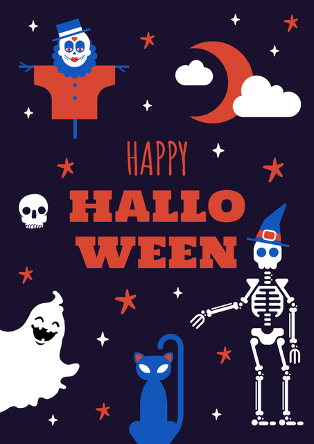 Halloween Holiday Greeting with Funny Characters Poster Design Template