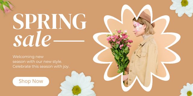 Spring Sale Offer with Woman with Pink Bouquet Twitterデザインテンプレート