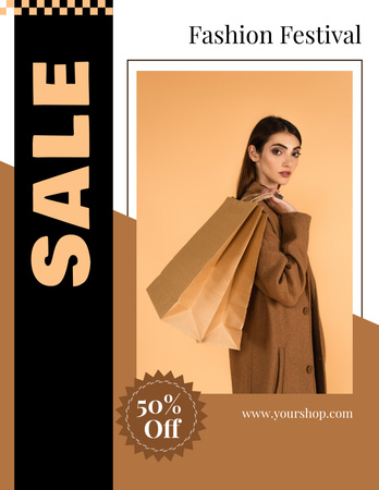 Plantilla de diseño de Fashion Festival Ad with Stylish Woman in Brown Outfit Flyer 8.5x11in 