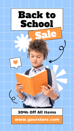 Platilla de diseño School Supplies Sale with Boy and Book Instagram Story