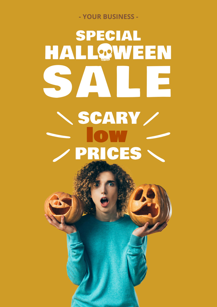 Plantilla de diseño de Halloween Sale with Girl holding Pumpkins Poster 
