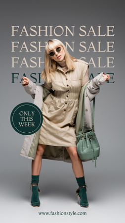 Designvorlage Fashion Sale Ad mit Frau im Trenchcoat für Instagram Story