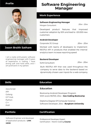 Ontwerpsjabloon van Resume van Software Engineer Manager Vaardigheden op wit