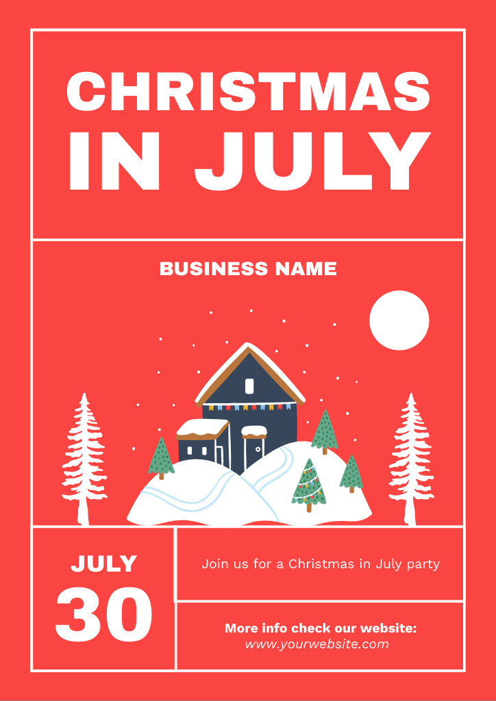 Designvorlage Celebrate Christmas in July with Cute Little Snowy House für Flyer A4