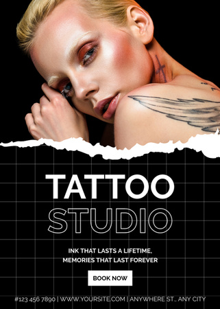 Tetováló Stúdió ajánlat foglalással és inspiráló kifejezéssel Flayer tervezősablon