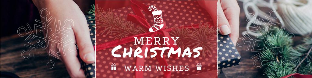 Ontwerpsjabloon van Twitter van Merry Christmas Greeting with Woman wrapping Gift