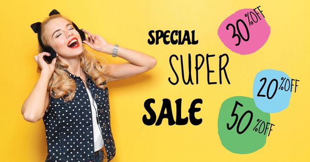 Ontwerpsjabloon van Facebook AD van Special super sale with Young Woman in Headphones
