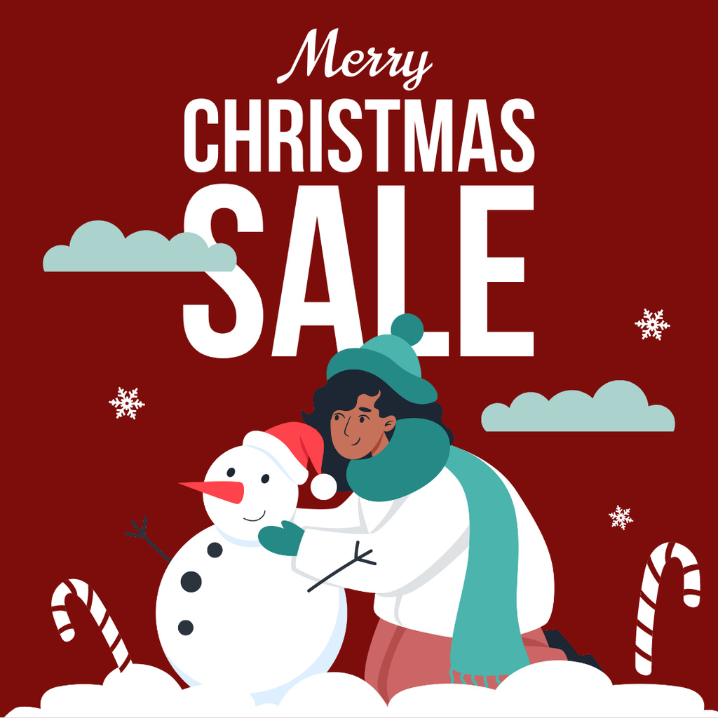 Kid and Snowman Cartoon on Christmas Sale Instagram AD Πρότυπο σχεδίασης