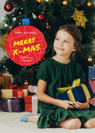 Plantilla de diseño de Jolly Christmas Congrats con Little Girl Holding Presents Postcard 5x7in Vertical 