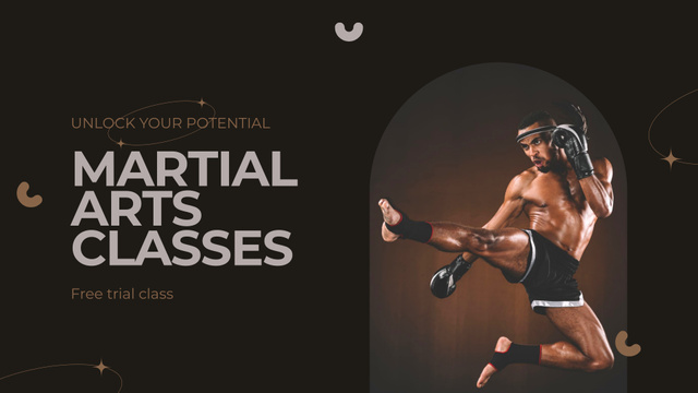 Martial Arts Classes Promo with Strong Confident Fighter FB event cover Design Template