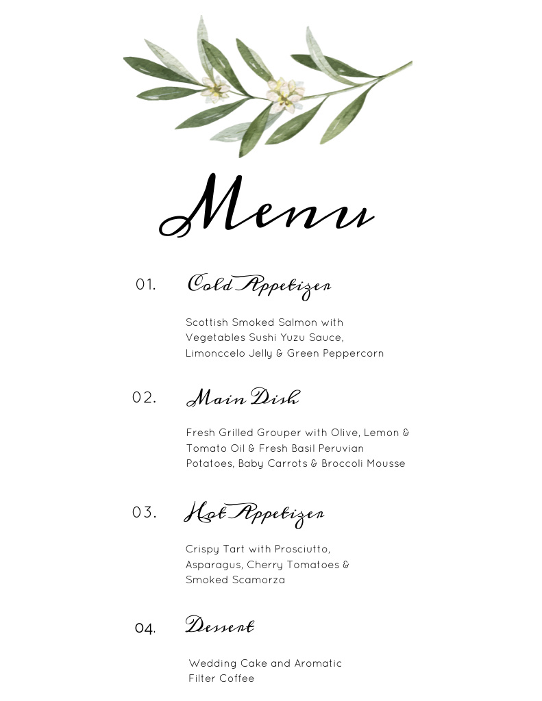Minimalist Elegant Wedding Appetizers List with Olive Branch Menu 8.5x11in Design Template