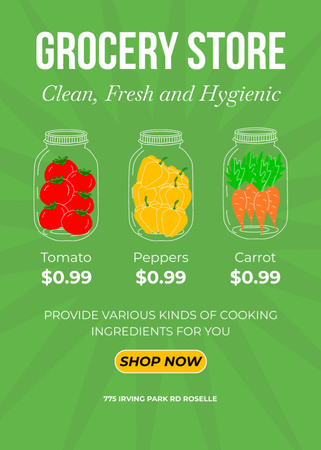 Platilla de diseño Grocery Store Offer with Jars of Preserved Vegetables on Green Flayer