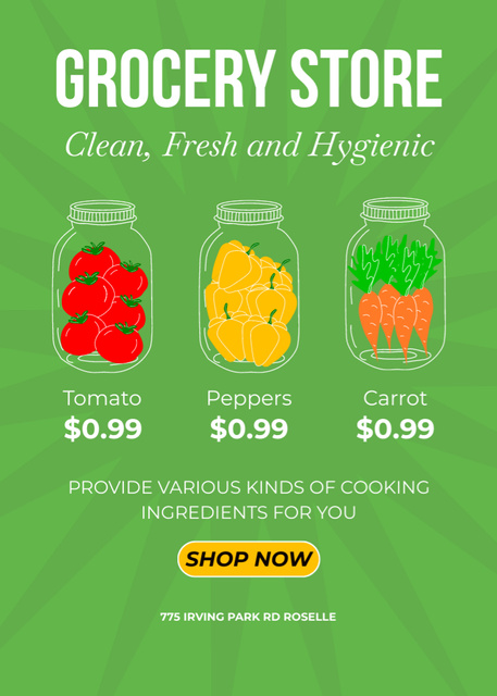 Szablon projektu Grocery Store Offer with Jars of Preserved Vegetables on Green Flayer