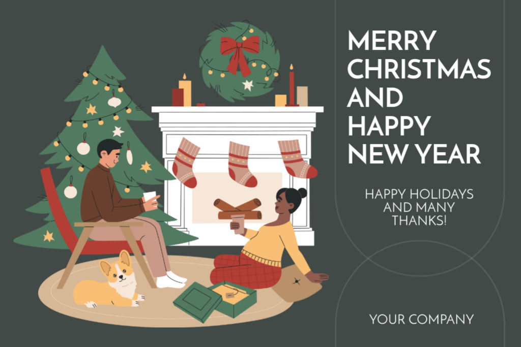 Platilla de diseño Christmas and New Year Greetings with Family near Fireplace Postcard 4x6in