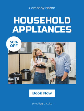 Happy Couple Buys Household Appliances Blue Poster US Design Template