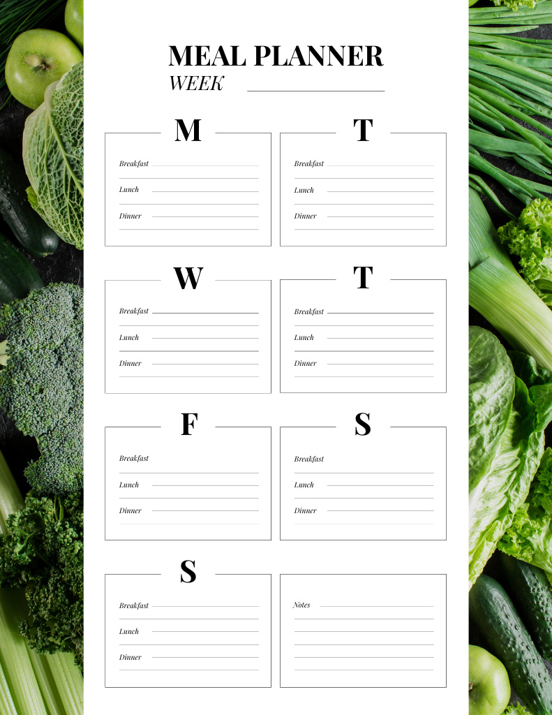 Week Meal Planner with Fresh Greens Notepad 8.5x11in Tasarım Şablonu