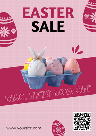 Anúncio de venda de Páscoa com ovos de Páscoa pintados na bandeja de ovos em rosa Poster Modelo de Design