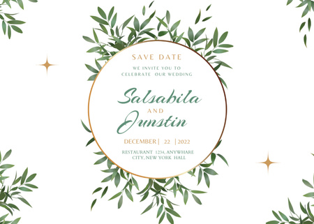 Wedding Invitation with Green Leaves Postcard 5x7in Design Template