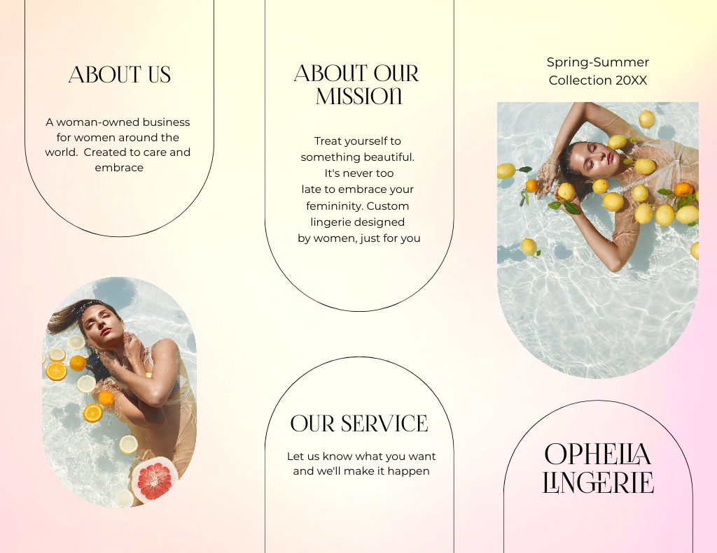 Designvorlage Lingerie Collection Ad with Beautiful Woman in Pool with Lemons für Brochure 8.5x11in Z-fold
