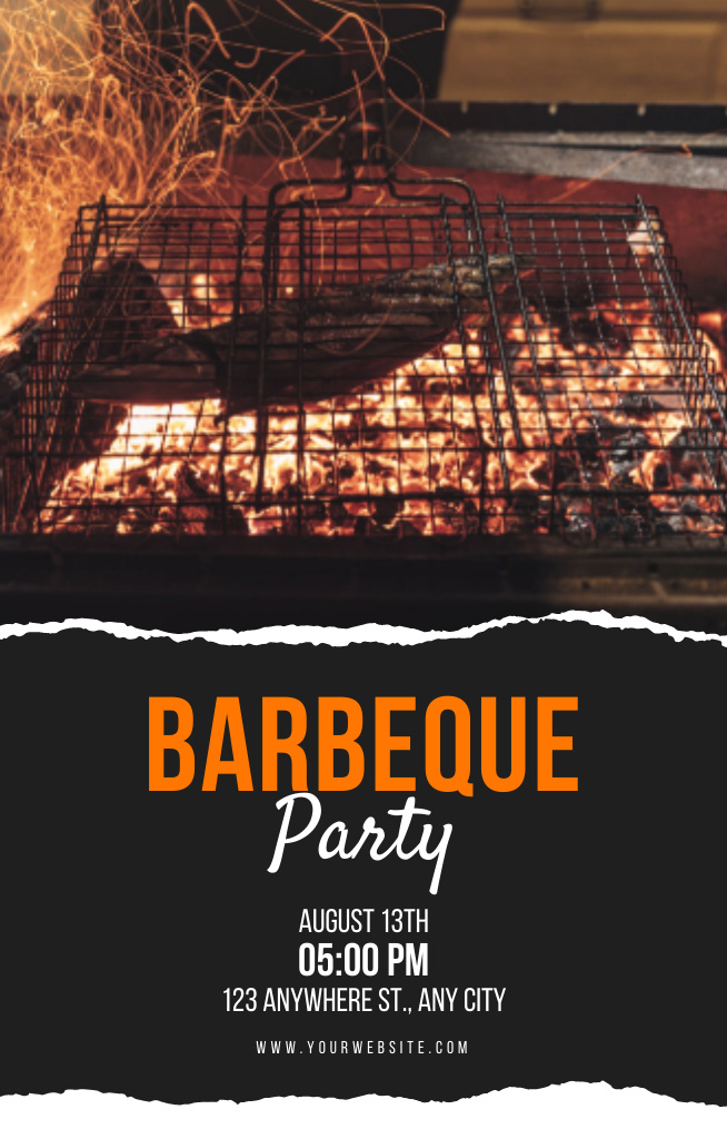 Designvorlage Barbecue Party Ad with Grilling Meat Photo on Black für Invitation 4.6x7.2in