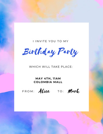 Birthday Party Announcement on Watercolor Background Invitation 13.9x10.7cm Design Template