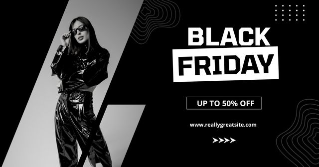 Black Friday Sale with Woman in Stunning Leather Outfit Facebook AD Design Template