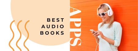 Audio books Offer with Woman in Headphones Facebook cover Design Template