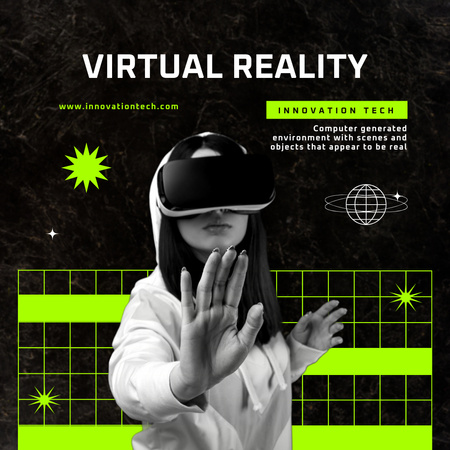 Modèle de visuel Annonce de technologie de réalité virtuelle avec une jeune femme dans des lunettes VR - Instagram