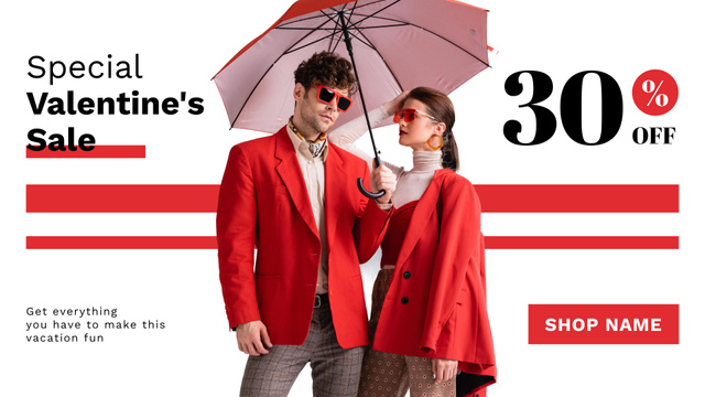 Platilla de diseño Valentine's Day Sale with Stylish Couple with Red Umbrella FB event cover