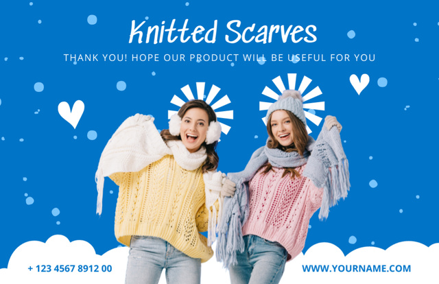 Template di design Winter Knitted Scarves Offer In Blue Thank You Card 5.5x8.5in