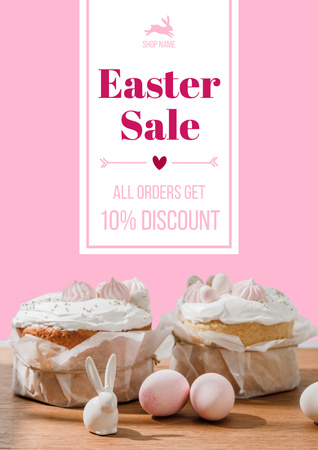 Easter Sale Offer with Tasty Easter Cakes and Painted Eggs Poster Design Template