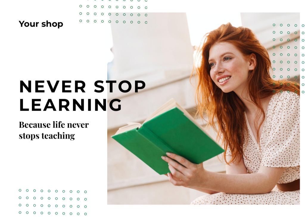 Platilla de diseño Motivational Quote About Learning With Woman Reading Book Postcard 5x7in