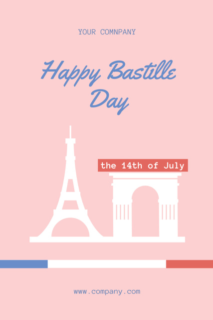 Bastille Day Greetings In Pink With Architecture Symbols Postcard 4x6in Vertical Design Template