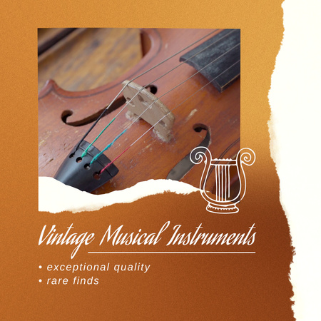 Ontwerpsjabloon van Animated Post van Zeldzame muziekinstrumentencollectie in aanbieding in antiekwinkel
