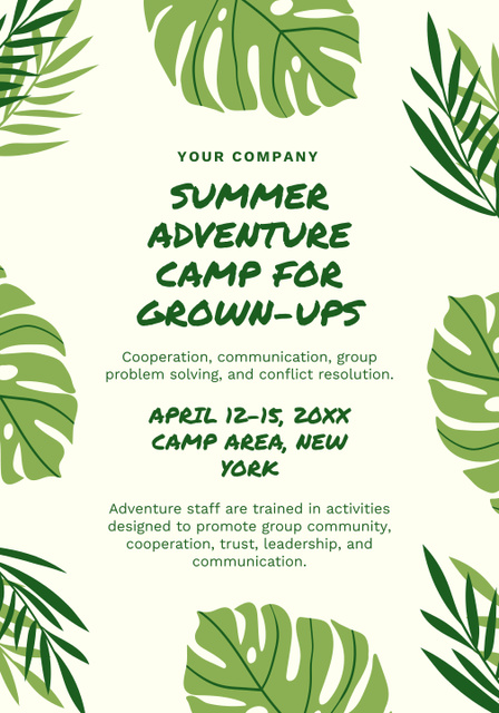 Summer Camp Invitation with Palm Leaves Illustration Poster 28x40in Design Template