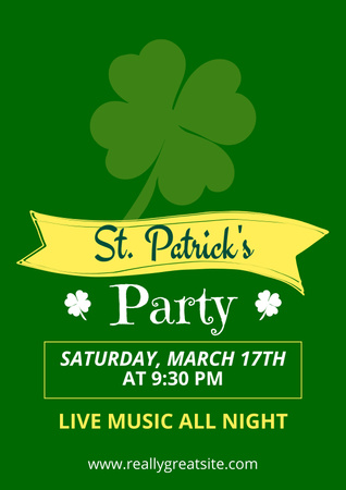 St. Patrick's Day Party Announcement with Clover Leaf Poster Design Template