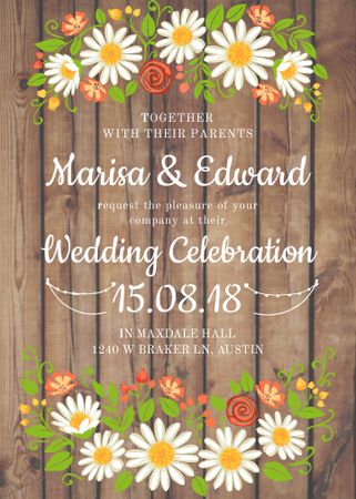 Wedding Invitation with Flowers on wooden background Flayer Design Template