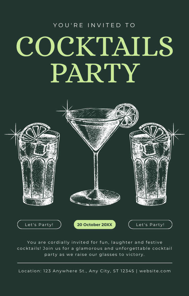 Platilla de diseño Cocktails Party on Dark Green Invitation 4.6x7.2in