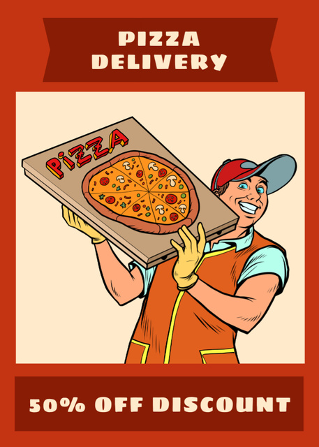 Designvorlage Pizza Delivery Discount Offer with Young Courier für Flayer
