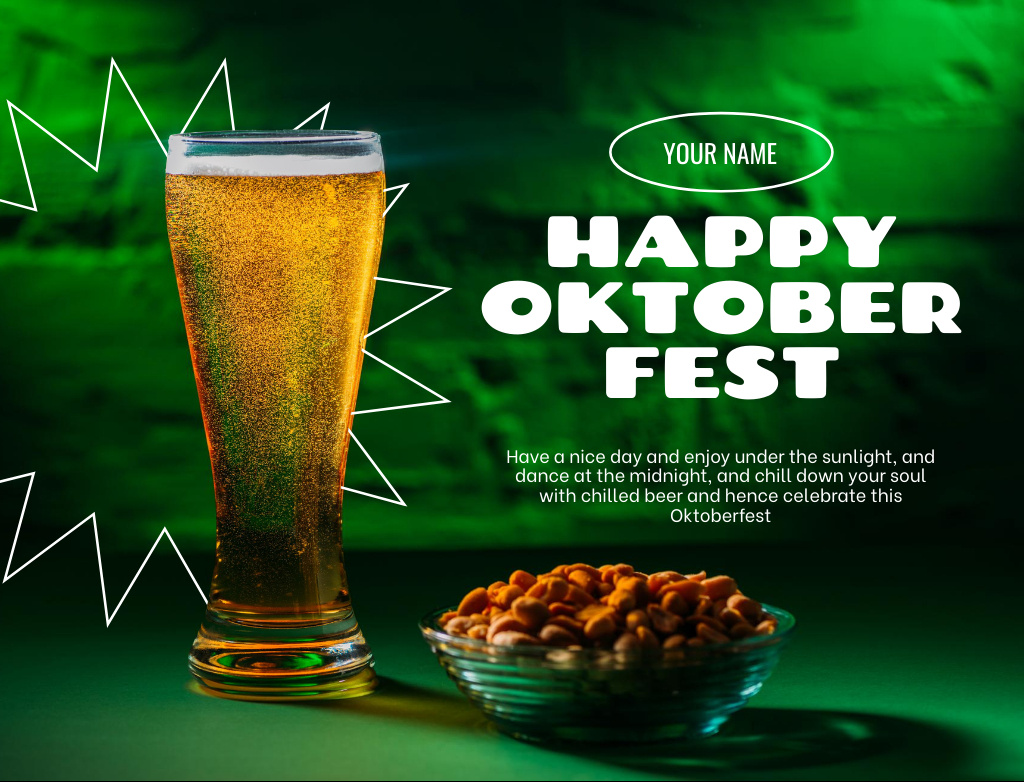 Designvorlage Oktoberfest Greeting With Beer And Snacks in Green für Postcard 4.2x5.5in