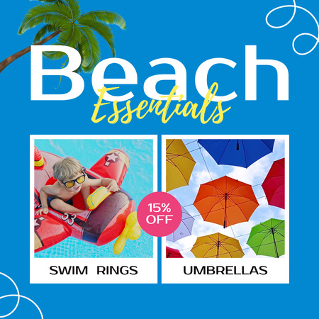 Swim Rings And Umbrellas For Beach With Discount Animated Post Design Template