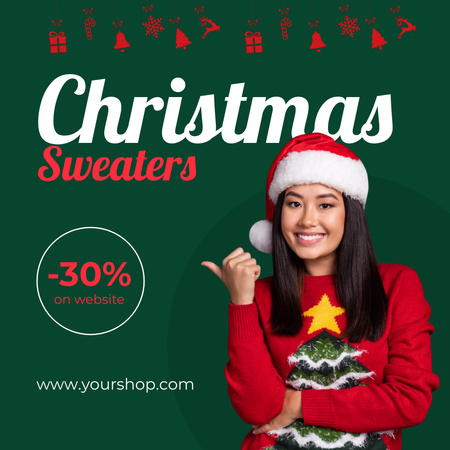 Platilla de diseño Christmas Big Sale Ad with Woman in Bright Sweater Animated Post