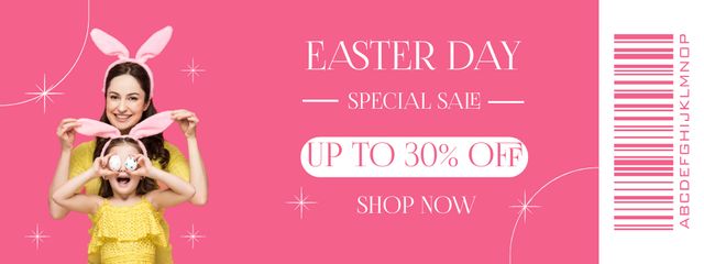 Szablon projektu Easter Holiday Sale Ad with Happy Mother Touching Bunny Ears of Daughter Coupon
